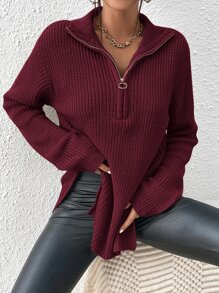SHEIN Frenchy Half Zip Ribbed Knit Drop Shoulder Split Hem Sweater,Long Sleeve Tops