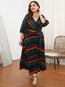 SHEIN Unity Plus Striped Surplice Front Belted Pleated Hem Dress - Multicolor - View 3