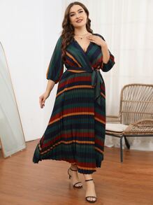 SHEIN Unity Plus Striped Surplice Front Belted Pleated Hem Dress - Multicolor - View 4