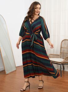 SHEIN Unity Plus Striped Surplice Front Belted Pleated Hem Dress - Multicolor - View 5