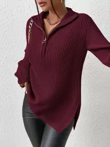 SHEIN Frenchy Half Zip Ribbed Knit Drop Shoulder Split Hem Sweater,Long Sleeve Tops