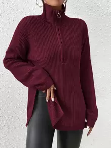 SHEIN Frenchy Half Zip Ribbed Knit Drop Shoulder Split Hem Sweater,Long Sleeve Tops