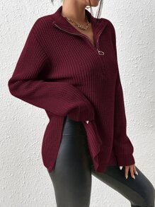 SHEIN Frenchy Half Zip Ribbed Knit Drop Shoulder Split Hem Sweater,Long Sleeve Tops
