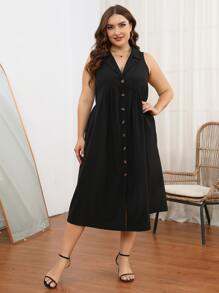 SHEIN Clasi 大碼西裝領前紐扣無袖洋裝 - 黑色 - 查看 1