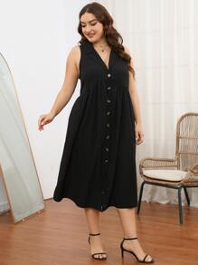 SHEIN Clasi 大碼西裝領前紐扣無袖洋裝 - 黑色 - 查看 3