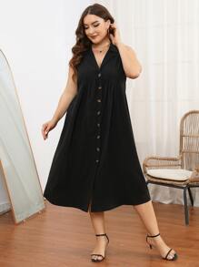 SHEIN Clasi 大碼西裝領前紐扣無袖洋裝 - 黑色 - 查看 5