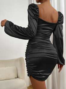 SHEIN Allurite Sweetheart Neck Ruched Wrap Hem Satin Bodycon Dress - Black - View 2