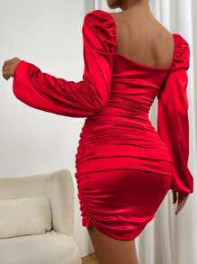 SHEIN Allurite Sweetheart Neck Ruched Wrap Hem Satin Bodycon Dress - Red - View 2