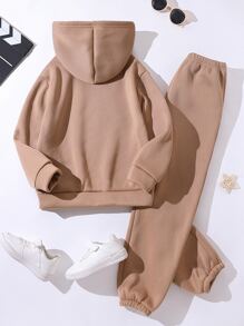 SHEIN Explorewe Sudadera Con Capucha Y Pantalones Deportivos Para Niña Con Gráfico De Letras Y Forro Térmico - Caqui - Ver 2