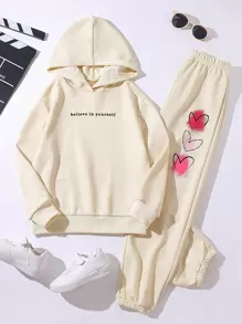 Sudadera Con Capucha Y Pantalones Deportivos Gráficos Con Corazón Y Eslogan Para Chica Adolescente
