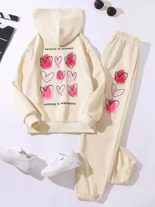 Sudadera Con Capucha Y Pantalones Deportivos Gráficos Con Corazón Y Eslogan Para Chica Adolescente