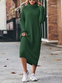 SHEIN LUNE Turtleneck Raglan Sleeve Jumper Dress - Green - View 4