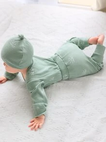 嬰兒卡通太陽印花上衣和褲子和帽 - 薄荷綠 - 查看 2