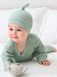 嬰兒卡通太陽印花上衣和褲子和帽 - 薄荷綠 - 查看 5