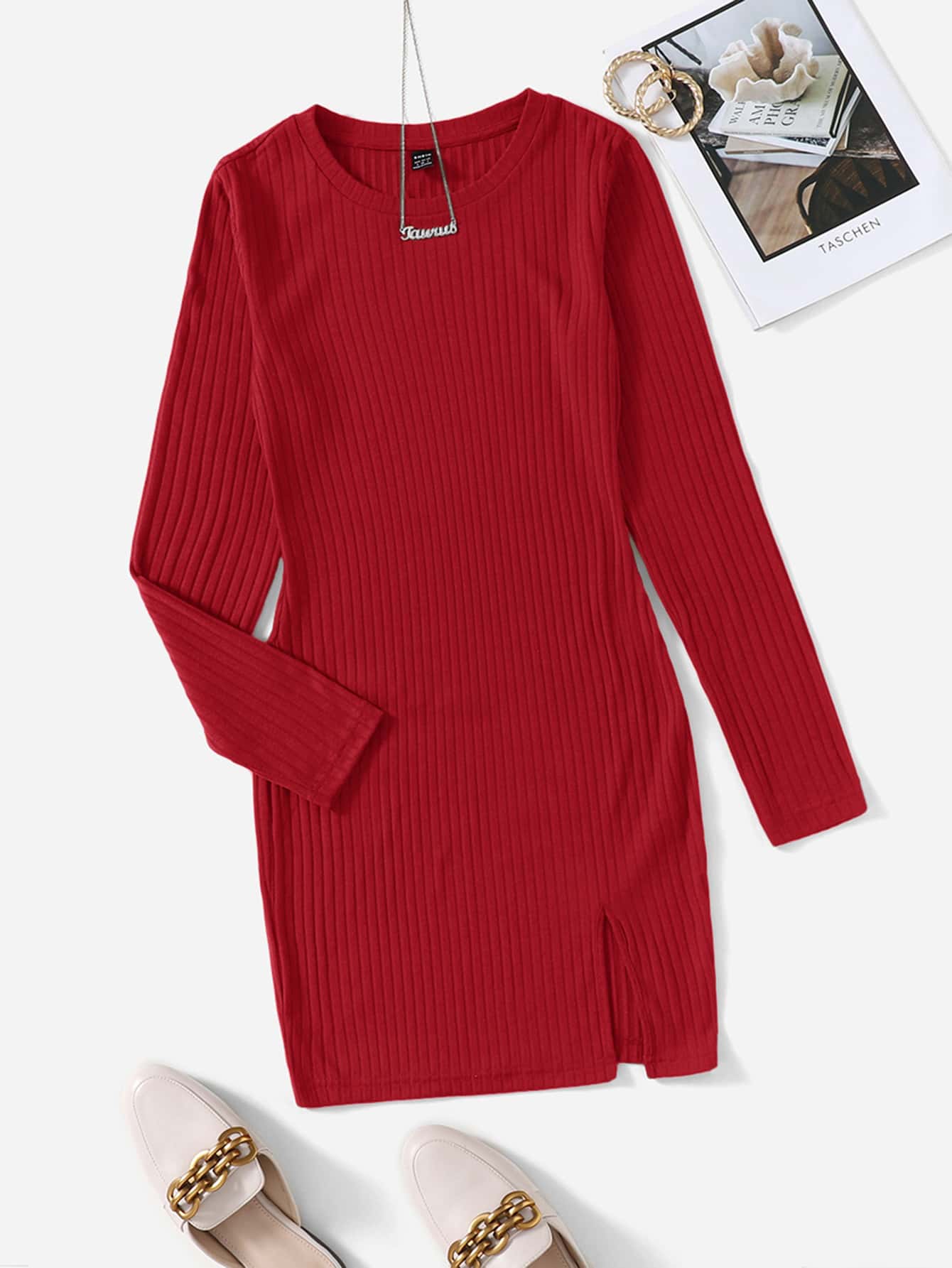 SHEIN Privé Ribbed Knit Split Hem Dress - Red - View 1