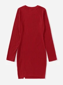 SHEIN Privé Ribbed Knit Split Hem Dress - Red - View 2