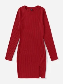 SHEIN Privé Ribbed Knit Split Hem Dress - Red - View 3