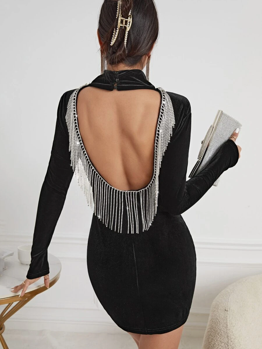 SHEIN BAE Rhinestone Fringe Trim Backless Mock Neck Velvet Bodycon ...