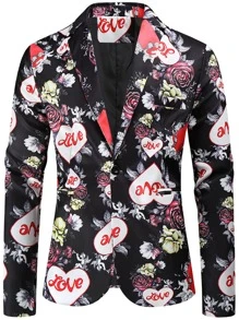 Hombres Blazer floral & con estampado de corazón con botón - Multicolor - Ver 1