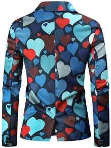 Men Single Breasted Heart Print Blazer & Trousers Set - Multicolor - View 4