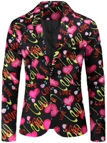 Men Heart & Letter Graphic Single Button Blazer - Multicolor - View 1