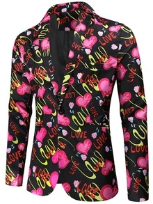 Men Heart & Letter Graphic Single Button Blazer - Multicolor - View 3
