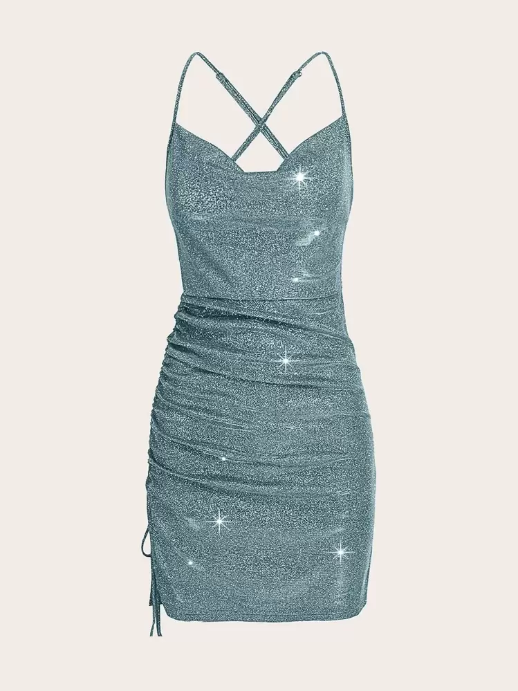 sachin and babi light blue dress SHEIN BAE Crisscross Backless Ruched Glitter Bodycon Dress