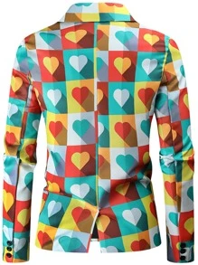 Hombres Conjunto pantalones con blazer con estampado de corazón con botón - Multicolor - Ver 4