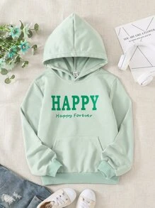 女孩字母圖案袋鼠口袋連帽衫