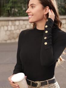 SHEIN Frenchy 紐扣細節修身T恤 - 黑色 - 查看 1