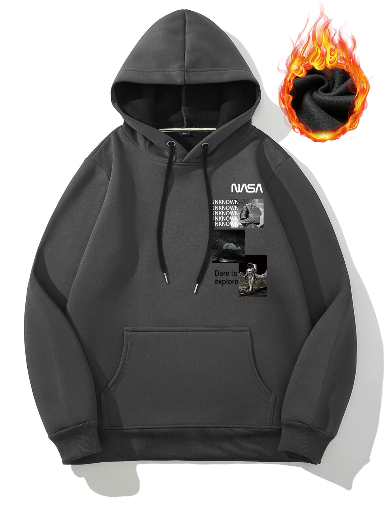 Manfinity Men Slogan & Figure Graphic Kangaroo Pocket Drawstring Thermal Hoodie - Dark Grey - View 1