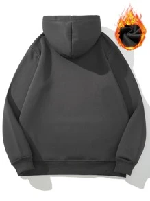 Manfinity Men Slogan & Figure Graphic Kangaroo Pocket Drawstring Thermal Hoodie - Dark Grey - View 2