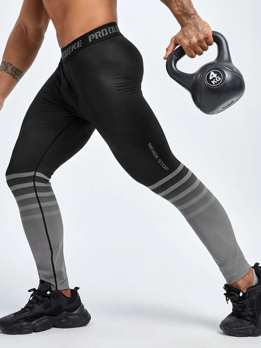 Men Striped & Slogan Graphic Sports Tights - Multicolor - View 1