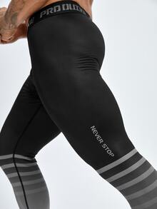 Men Striped & Slogan Graphic Sports Tights - Multicolor - View 4