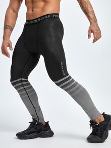 Men Striped & Slogan Graphic Sports Tights - Multicolor - View 6