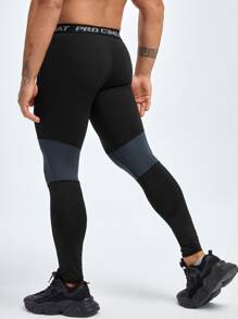 Men Letter Graphic Contrast Panel Sports Tights - Black - View 2