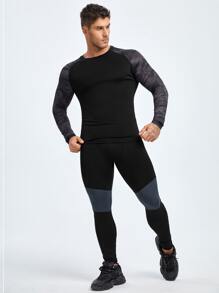 Men Letter Graphic Contrast Panel Sports Tights - Black - View 4