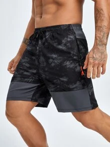 Hombres Shorts deportivos con estampado de dibujo de cintura con cordón - Multicolor - Ver 1