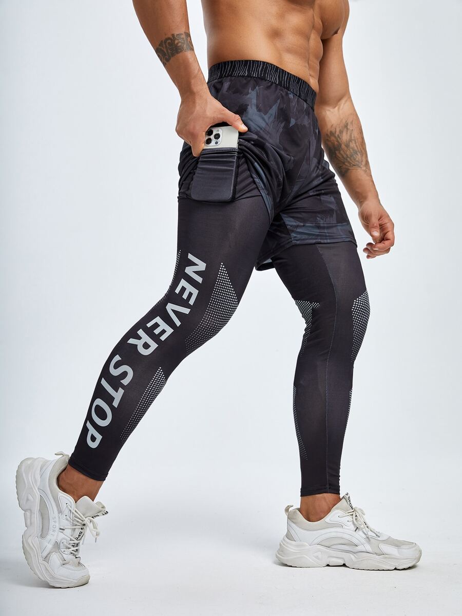 Hombres Pantalones deportivos con estampado de slogan 2 en 1 con bolsillo para teléfono - Multicolor - Ver 1