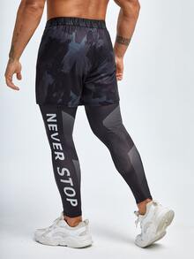 Hombres Pantalones deportivos con estampado de slogan 2 en 1 con bolsillo para teléfono - Multicolor - Ver 2