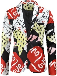 Hombres Blazer con estampado de letra con botón - Multicolor - Ver 1