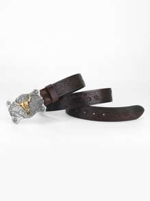 Hombres Cinturón floral en relieve cabeza de toro - Café integral - Ver 2