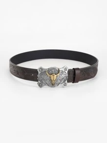 Hombres Cinturón floral en relieve cabeza de toro - Café integral - Ver 3