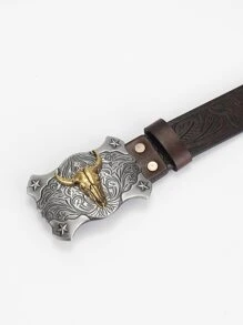 Hombres Cinturón floral en relieve cabeza de toro - Café integral - Ver 4