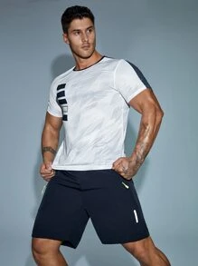 Manfinity Fitness 男士短褲套裝男士拼色運動T恤和運動短褲，運動衣，運動套裝訓練套裝