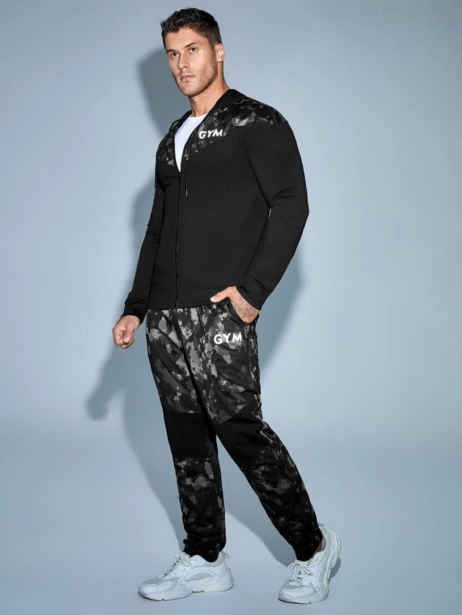 Men Letter Graphic Sports Jacket & Trousers - Black - View 1