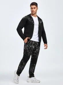Men Letter Graphic Sports Jacket & Trousers - Black - View 3