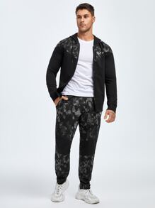 Men Letter Graphic Sports Jacket & Trousers - Black - View 4
