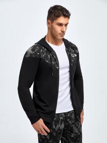 Men Letter Graphic Sports Jacket & Trousers - Black - View 5