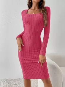 SHEIN Essnce Đầm Gân đan màu trơn Thanh lịch - Màu Hồng Tươi - Xem 4